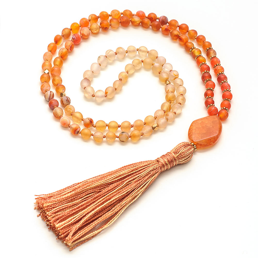 ULURU MALA: Orange Agate knotted mala with 2-coloured Cotton thread & tassel